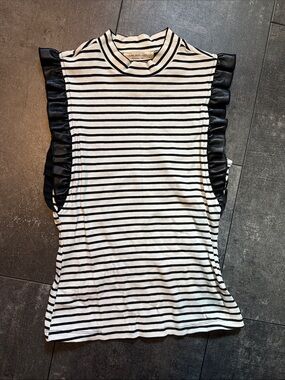 Striped Mock Neck Ruffle Sleeve Tank - Black & White